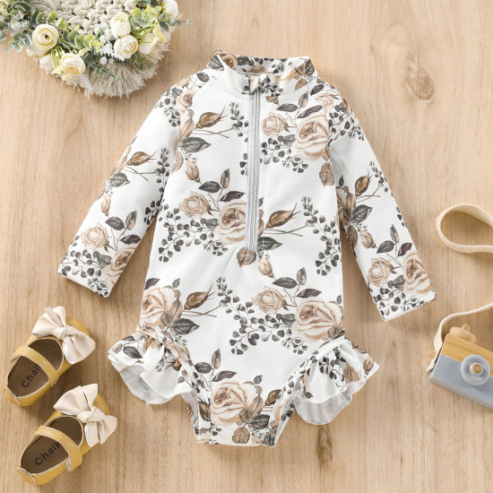 3-24M Baby Onesies Floral Print Zip Ruffle Long Sleeve One Piece Swimsuit  Baby Clothes In Bulk   