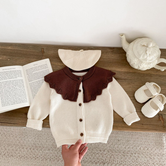 3-24M Baby Girls Retro Large Lapel Sweater Knit Cardigan  Baby Clothing   