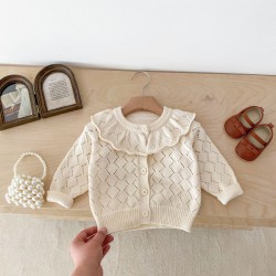 3-24M Baby Girls Hollow Knitted Ruffle Collar Sweater Cardigan  Baby Clothing   