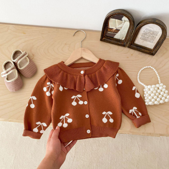 3-24M Baby Girls Knitted Cardigan Cherry Print Lapel Sweater  Baby Clothing   
