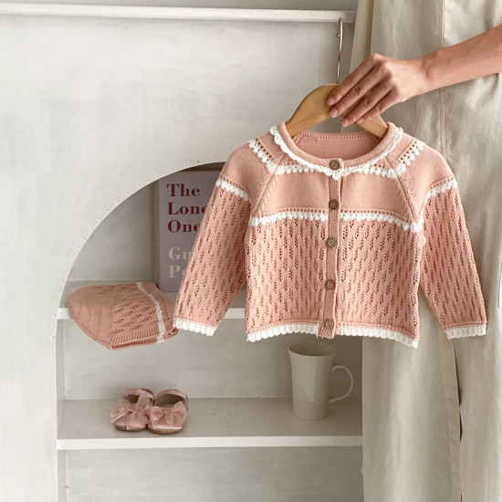 3-24M Baby Girls Hollow Contrast Trim Knitted Cardigan Sweater  Baby Clothing   