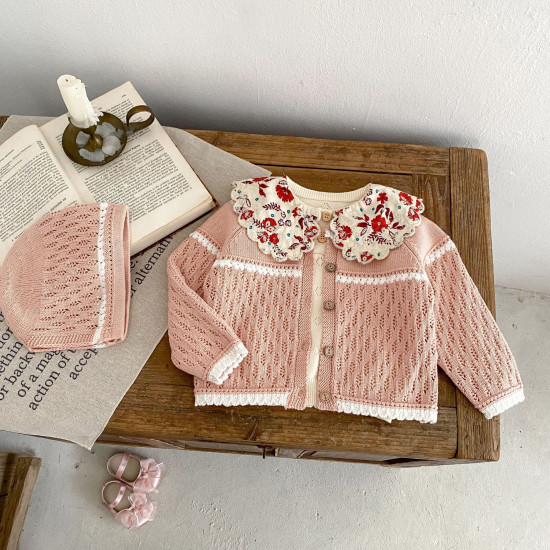 3-24M Baby Girls Hollow Contrast Trim Knitted Cardigan Sweater  Baby Clothing   