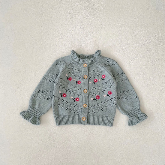 3-24M Baby Bell Cuffs Hollow Embroidered Knitted Cardigan Sweater  Baby Clothes   