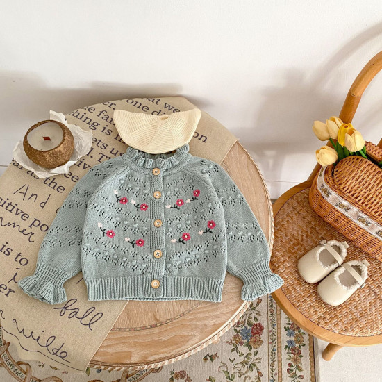 3-24M Baby Bell Cuffs Hollow Embroidered Knitted Cardigan Sweater  Baby Clothes   