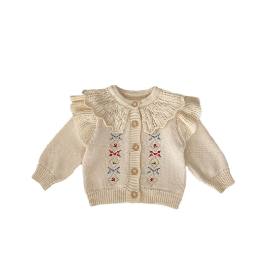 3-24M Baby Ruffle Collar Embroidered Knitted Sweater Cardigan  Baby Clothes   