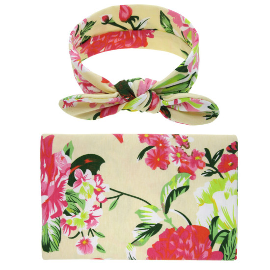 Baby Wrap Floral Print Rabbit Ears Headband Blanket Swaddle  Accessories   