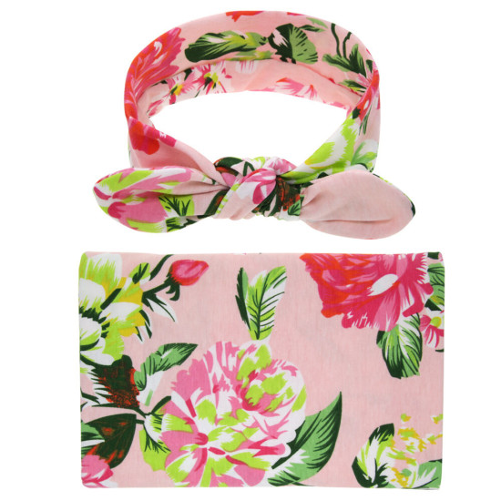 Baby Wrap Floral Print Rabbit Ears Headband Blanket Swaddle  Accessories   