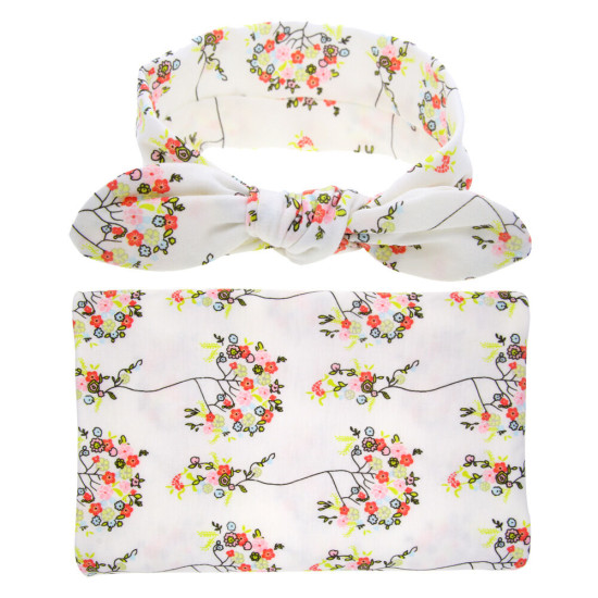 Baby Wrap Floral Print Rabbit Ears Headband Blanket Swaddle  Accessories   