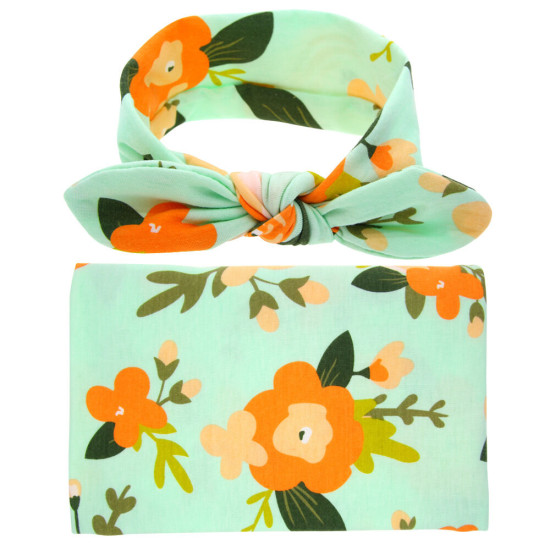 Baby Wrap Floral Print Rabbit Ears Headband Blanket Swaddle  Accessories   