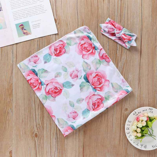 Flower Print Baby Swaddle Wrap And Bow Headband Set Of 2 Baby Accessories    