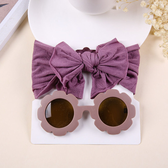 MOQ 2PCS Nylon Solid Bow Headband And Sunglasses 2 Pieces Hair Accessories Sets   