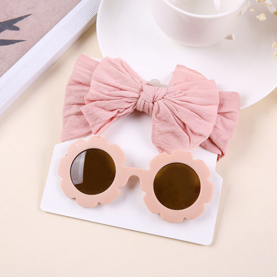 MOQ 2PCS Nylon Solid Bow Headband And Sunglasses 2 Pieces Hair Accessories Sets   