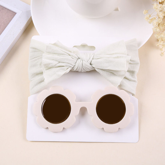MOQ 2PCS Nylon Solid Bow Headband And Sunglasses 2 Pieces Hair Accessories Sets   