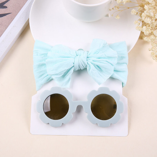 MOQ 2PCS Nylon Solid Bow Headband And Sunglasses 2 Pieces Hair Accessories Sets   