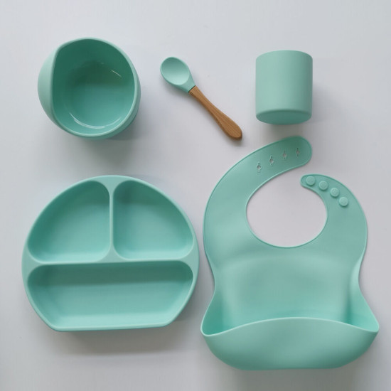 5-Pack Solid Color Toddler Silicone Sets Bib & Dinner Plate & Bowl & Cup & Spoon   