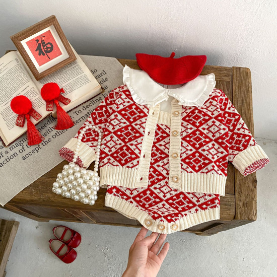 3-24M Baby Red Jacquard Knitted Cardigan Or Bodysuit  Baby Clothing   