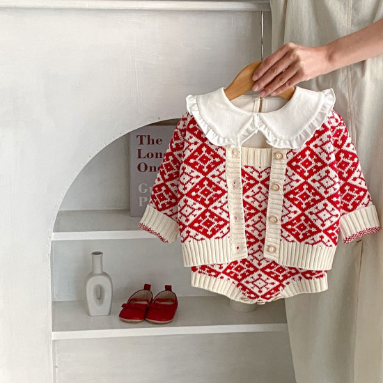 3-24M Baby Red Jacquard Knitted Cardigan Or Bodysuit  Baby Clothing   