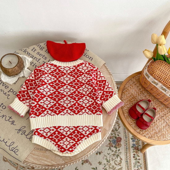 3-24M Baby Red Jacquard Knitted Cardigan Or Bodysuit  Baby Clothing   