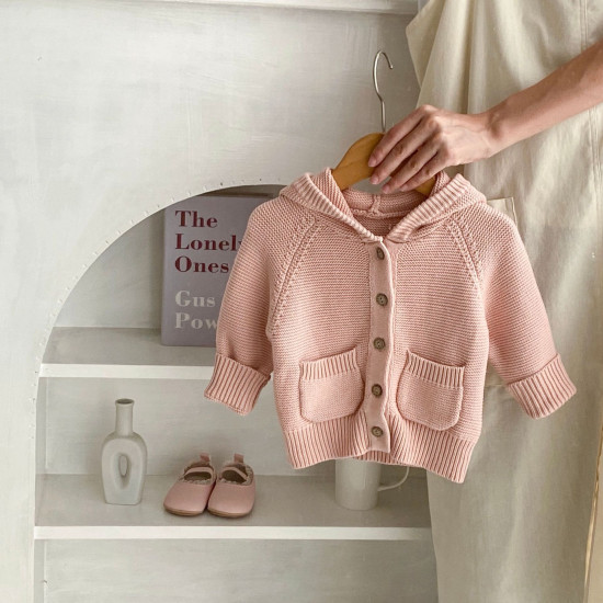 3-24M Baby Solid Color Pocket Knitted Hooded Sweater Jackets  Baby Clothes   