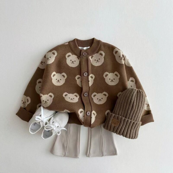 3-24M Baby Cartoon Bear Round Neck Knitted Cardigan  Baby Boutique Clothing   