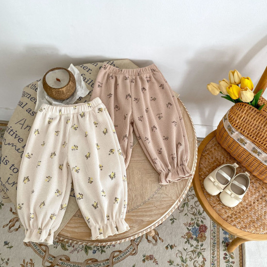 3-24M Baby Girls Floral Waffle Print Elasticated Trousers  Baby Clothing   