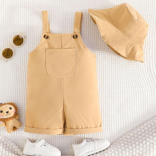 6-24M Baby Boys Khaki Pocket Button Overalls With Hats  Baby Clothing   