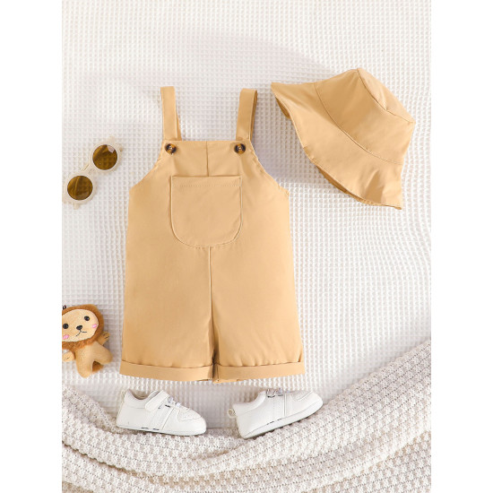 6-24M Baby Boys Khaki Pocket Button Overalls With Hats  Baby Clothing   