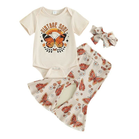 3-18M Baby Girls Sets Butterfly Print Bodysuit And Flared Pants & Headband  Baby Clothes   
