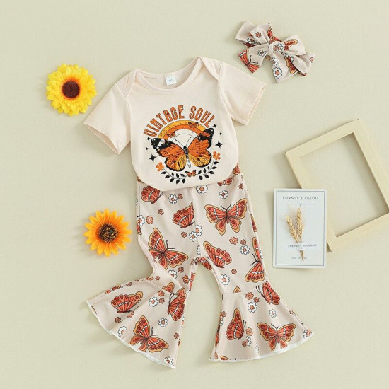 3-18M Baby Girls Sets Butterfly Print Bodysuit And Flared Pants & Headband  Baby Clothes   