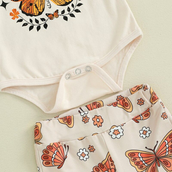 3-18M Baby Girls Sets Butterfly Print Bodysuit And Flared Pants & Headband  Baby Clothes   