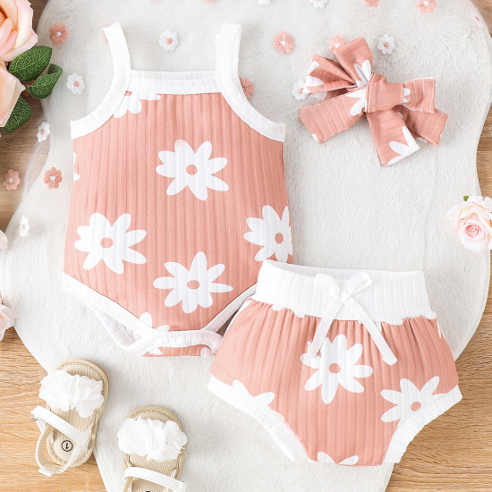 0-18M Baby Girls 3pcs Flower Cami Bodysuit & Shorts & Headband  Baby Clothes   