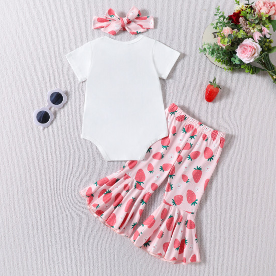 6-18M Baby Girls Sets Strawberry Letter Print Bodysuit Bell Bottoms Headband  Baby Clothes   