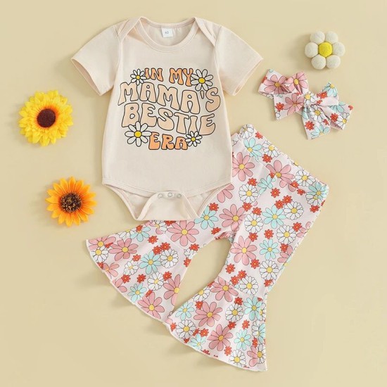 0-18M Baby 3pcs Letter Floral Printed Bodysuit & Pants & Headband  Baby Clothing   