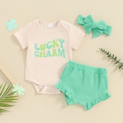 0-18M Baby 3pcs St. Patrick's Day Letter Printed Bodysuit & Shorts & Headband  Baby Clothing   
