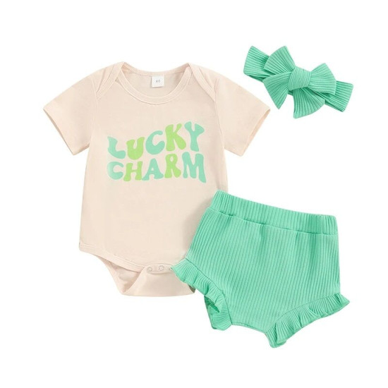 0-18M Baby 3pcs St. Patrick's Day Letter Printed Bodysuit & Shorts & Headband  Baby Clothing   
