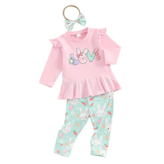3M-3Y Baby Girls Sets Easter Rabbit Carrot Tops Pants With Headband  Baby Clothing   
