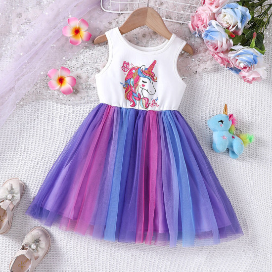 18M-6Y Toddler Girls Gradient Unicorn Print Mesh Dresses  Girls Clothes   