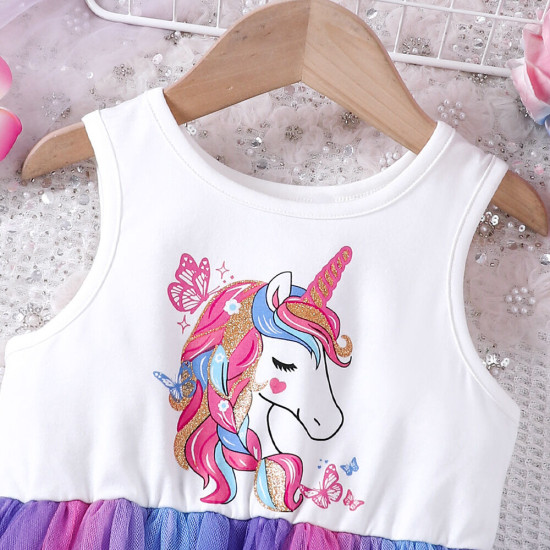 18M-6Y Toddler Girls Gradient Unicorn Print Mesh Dresses  Girls Clothes   