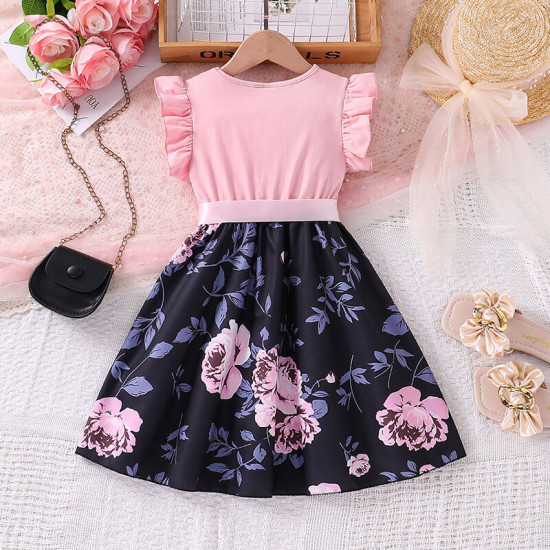 3-7Y Toddler Girls Letter Splicing Floral Dresses With Belt  Girls Clothes   