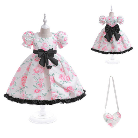 3-7Y Kids Girls Puff Sleeve Floral Bow Dresses Performance Piano  Clothing Kidswear   