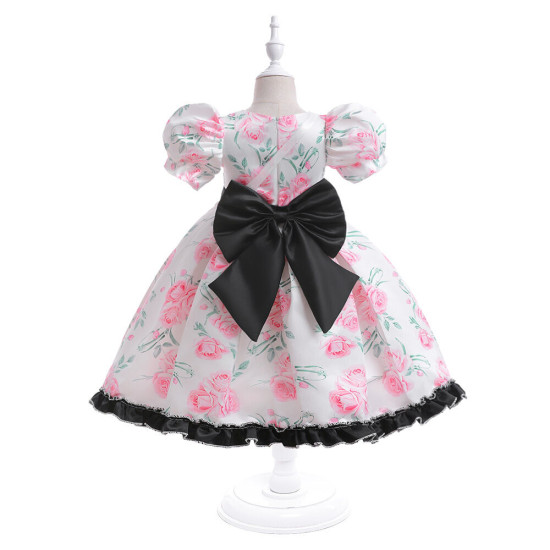 3-7Y Kids Girls Puff Sleeve Floral Bow Dresses Performance Piano  Clothing Kidswear   