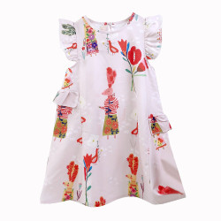 2-7Y Toddler Girls Flying Sleeve Cartoon Print Dresses  Girls Clothes   