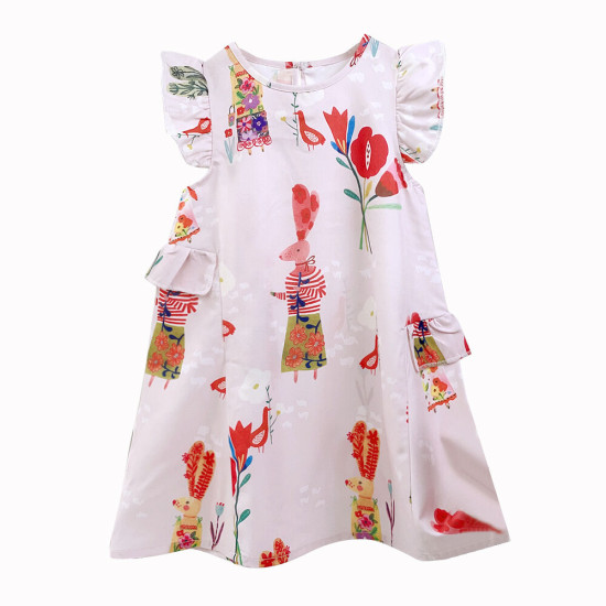2-7Y Toddler Girls Flying Sleeve Cartoon Print Dresses  Girls Clothes   