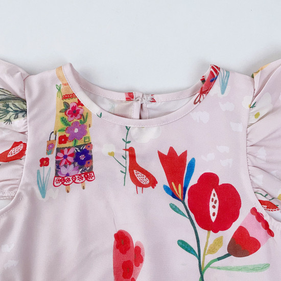 2-7Y Toddler Girls Flying Sleeve Cartoon Print Dresses  Girls Clothes   