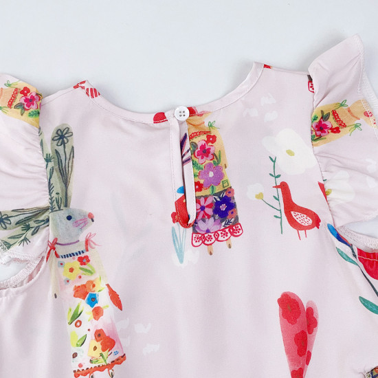 2-7Y Toddler Girls Flying Sleeve Cartoon Print Dresses  Girls Clothes   