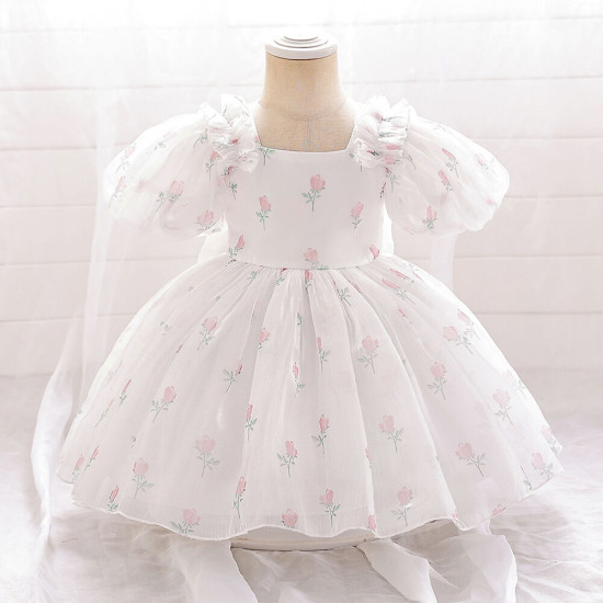 12M-3Y Toddler Girls Bow Back Puff Sleeve Floral Dresses  Girls Clothes   