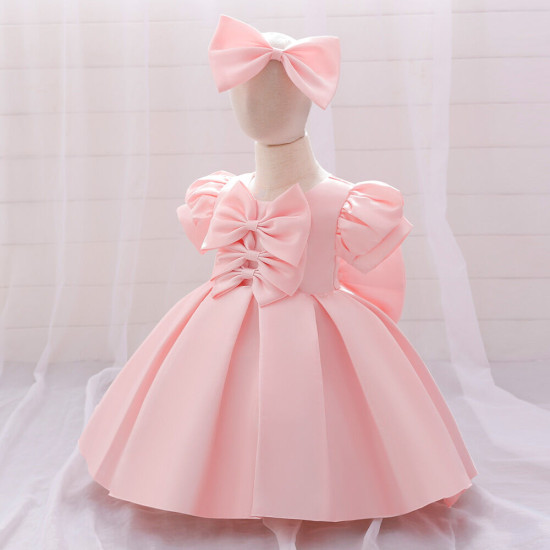 12M-3Y Toddler Girls Pink Satin Bow Puff Sleeves Dresses  Girls Clothes   