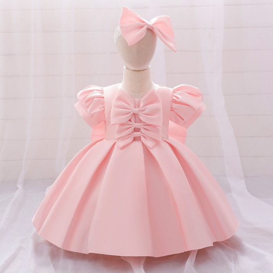 12M-3Y Toddler Girls Pink Satin Bow Puff Sleeves Dresses  Girls Clothes   