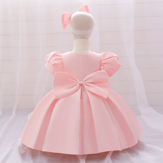 12M-3Y Toddler Girls Pink Satin Bow Puff Sleeves Dresses  Girls Clothes   