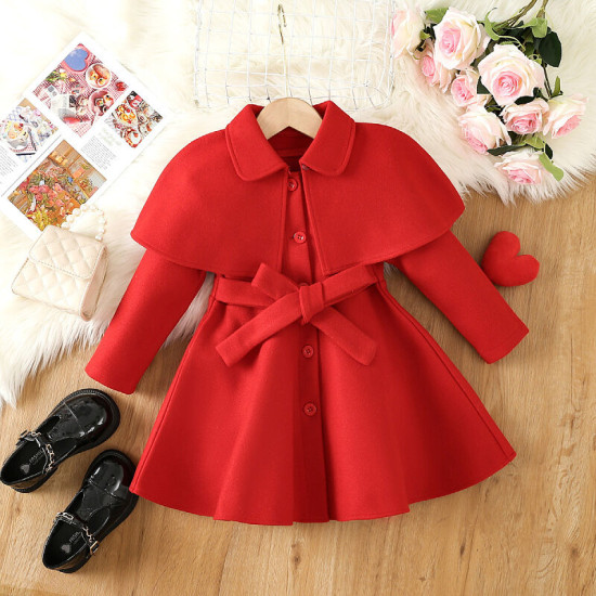 3-7Y Toddler Girls Single-Breasted Woolen Coat With Cape Two-Piece Set  Girls Fashion Clothes   